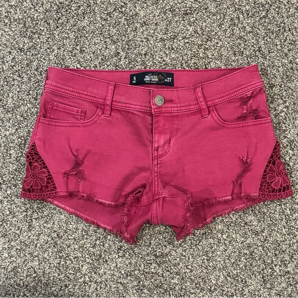 Hollister Magenta Distressed Denim Shorts with Lace Insets - Picture 3 of 7
